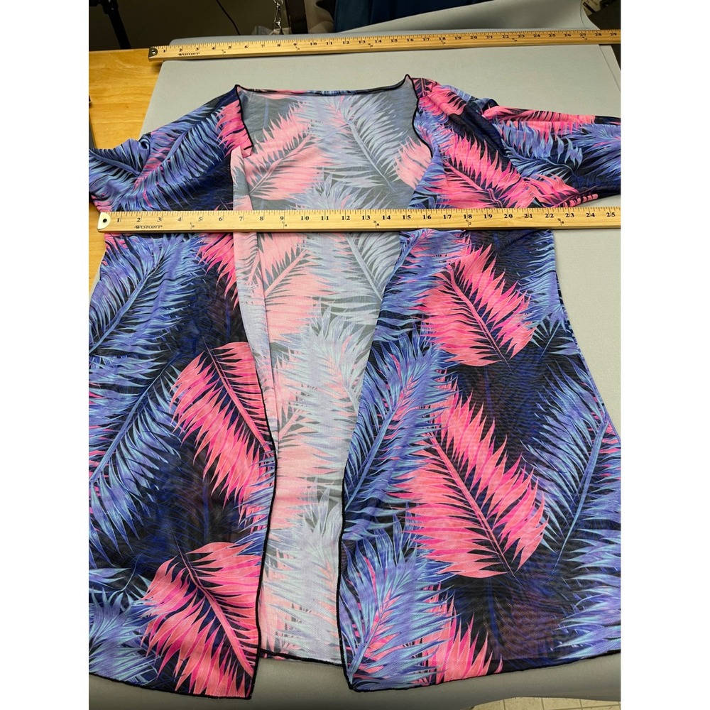 Tropical Palm Leaf Mesh Kimono Cardigan Pink Purple Blue Open Front Cover Up L - Picture 3 of 8